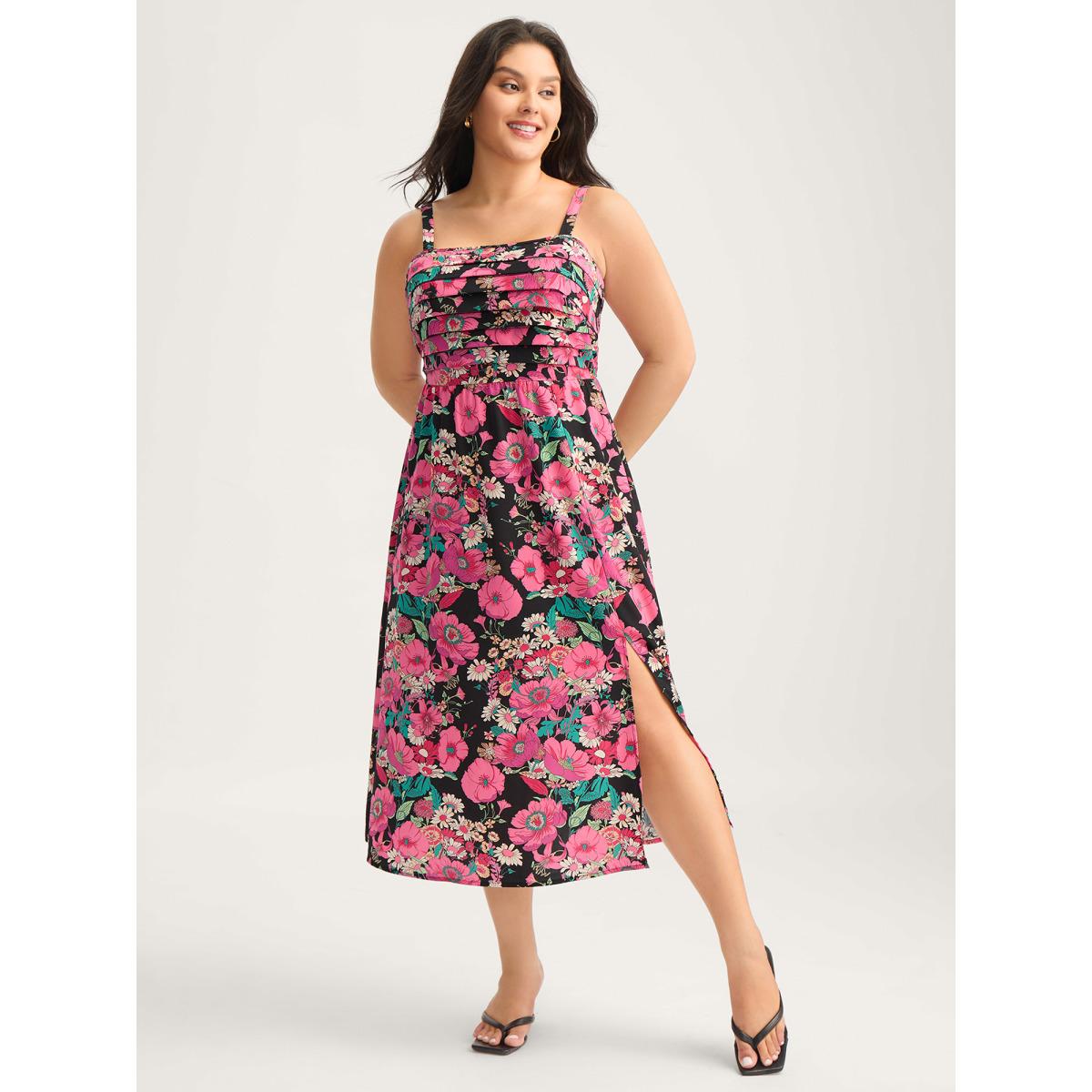 Plus Size Pleated Side Pockets Floral Midi Dress Black Women Tucked seam Non Sleeveless Curvy BloomChic 28/5X Product Image