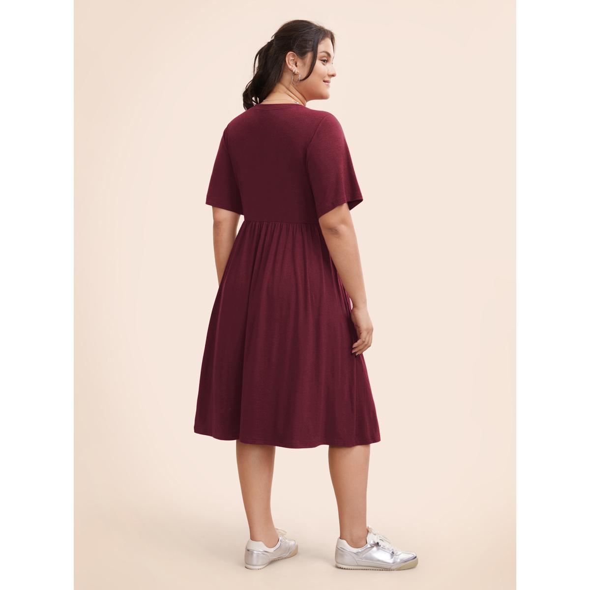 Plus Size Supersoft Essentials Solid Pleated Round Neck Midi Dress Burgundy Women Casual Plain Round Neck Short sleeve Curvy Midi Dress BloomChic 30/6X Product Image