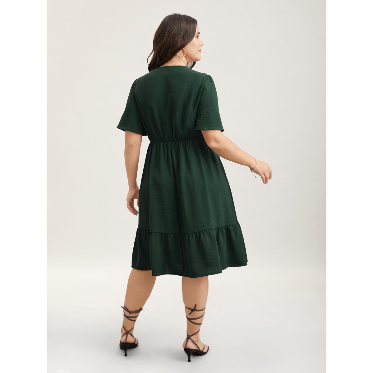 Plus Size Bib-Front V-Neck Pockets Tiered Midi Dress DarkGreen Women Timeless Tucked seam V-neck Short sleeve Curvy BloomChic 18-20/2X Product Image