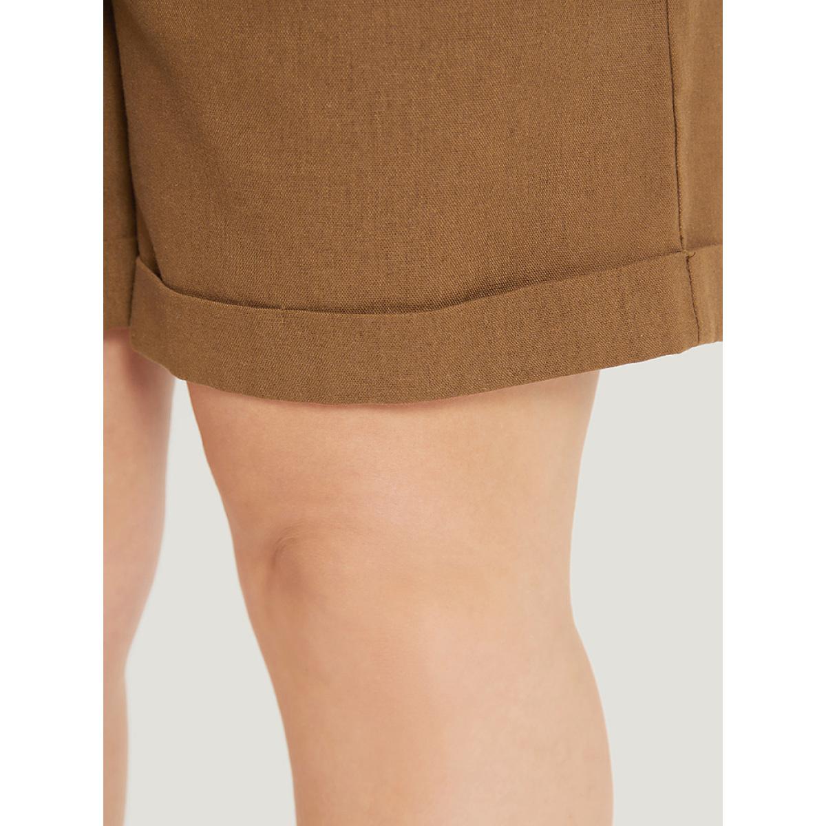 Plus Size Solid Pocket Belted Roll Hem High Rise Shorts Women DarkBrown Office Belted Office Shorts BloomChic 22-24/3X Product Image