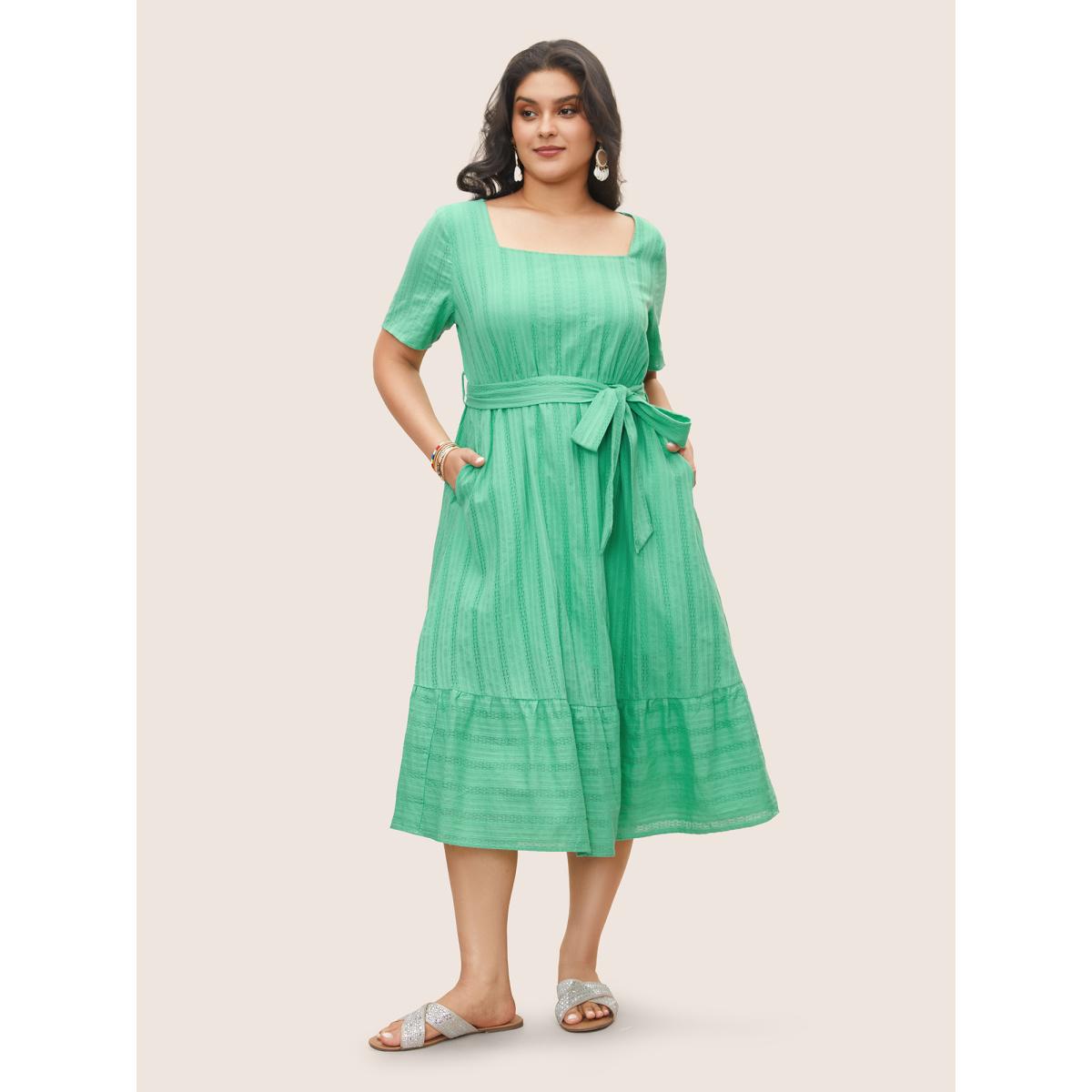Plus Size Square Neck Texture Patchwork Ruffle Hem Dress Aquamarine Women Resort Texture Square Neck Short sleeve Curvy Midi Dress BloomChic 22-24/3X Product Image