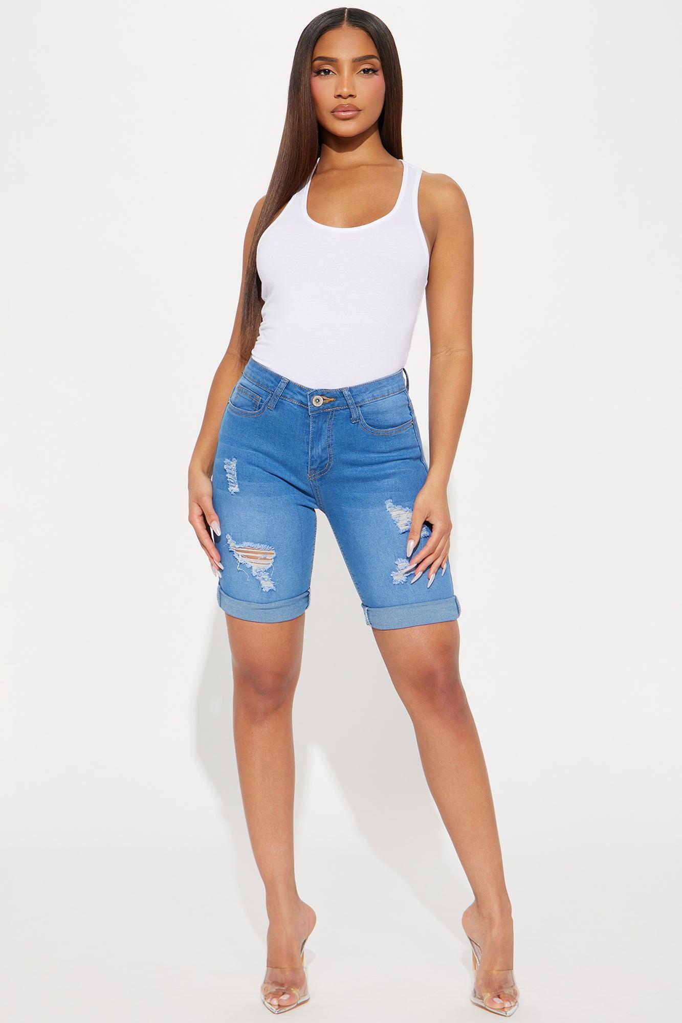 Sunset High Rise Bermuda Denim Shorts - Medium Wash Product Image