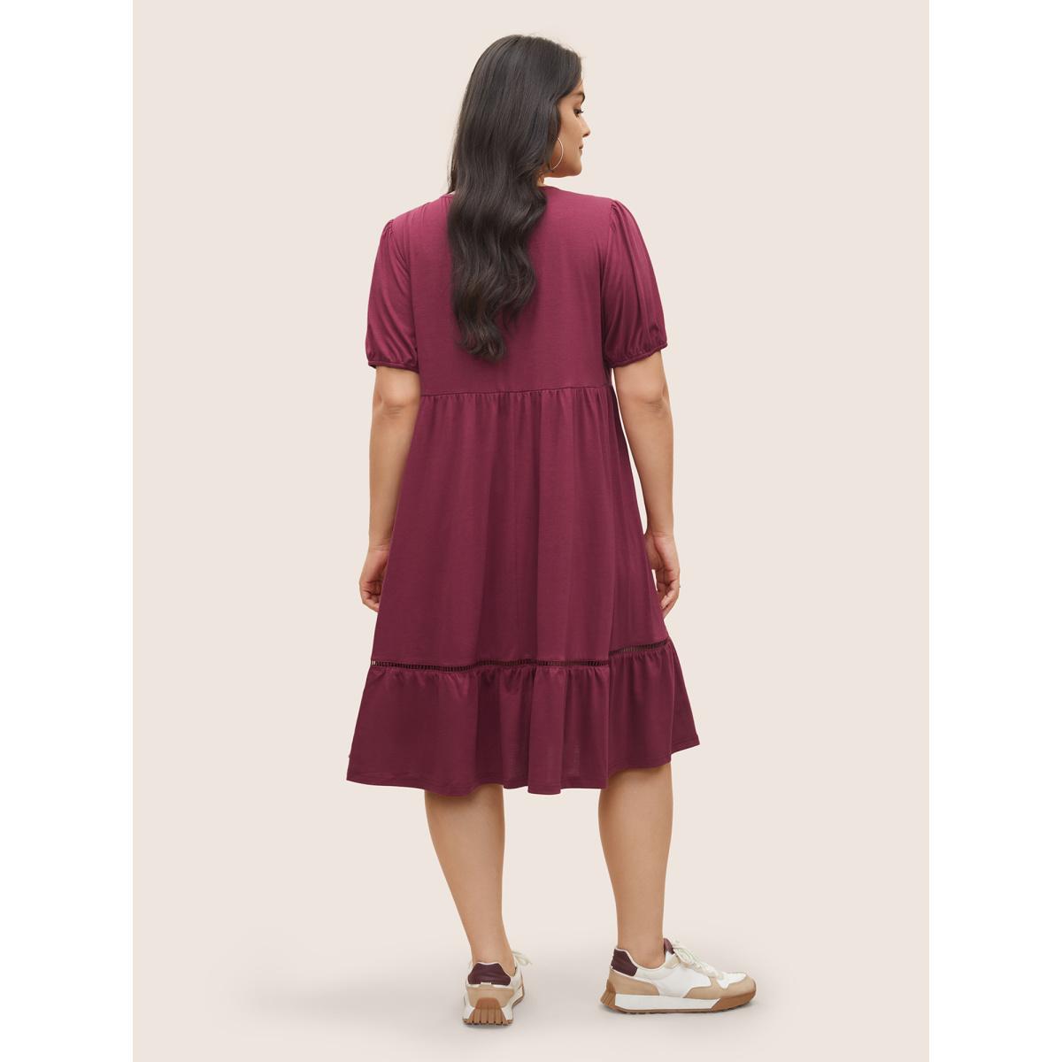 Plus Size Supersoft Essentials Plain Pleated Patchwork Ruffle Hem Dress RedViolet Women Casual Non Round Neck Short sleeve Curvy Midi Dress BloomChic 14-16/1X Product Image
