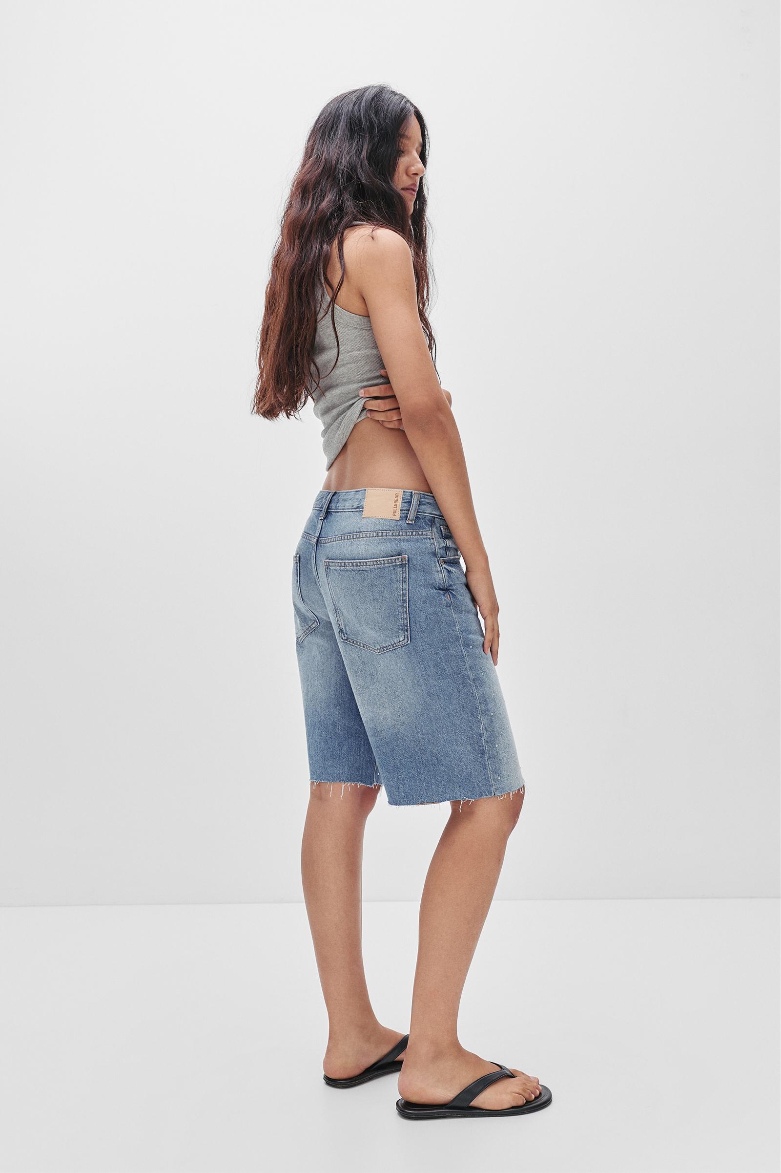 Denim Bermuda shorts with rhinestones Product Image