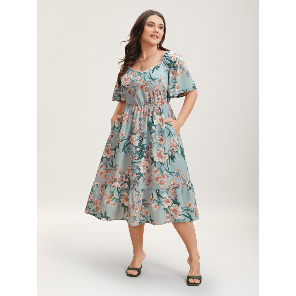 Plus Size Floral Print Flared Sleeve Pockets Midi Dress Mint Women Elegant Non Heart neckline Short sleeve Curvy BloomChic 14-16/1X Product Image