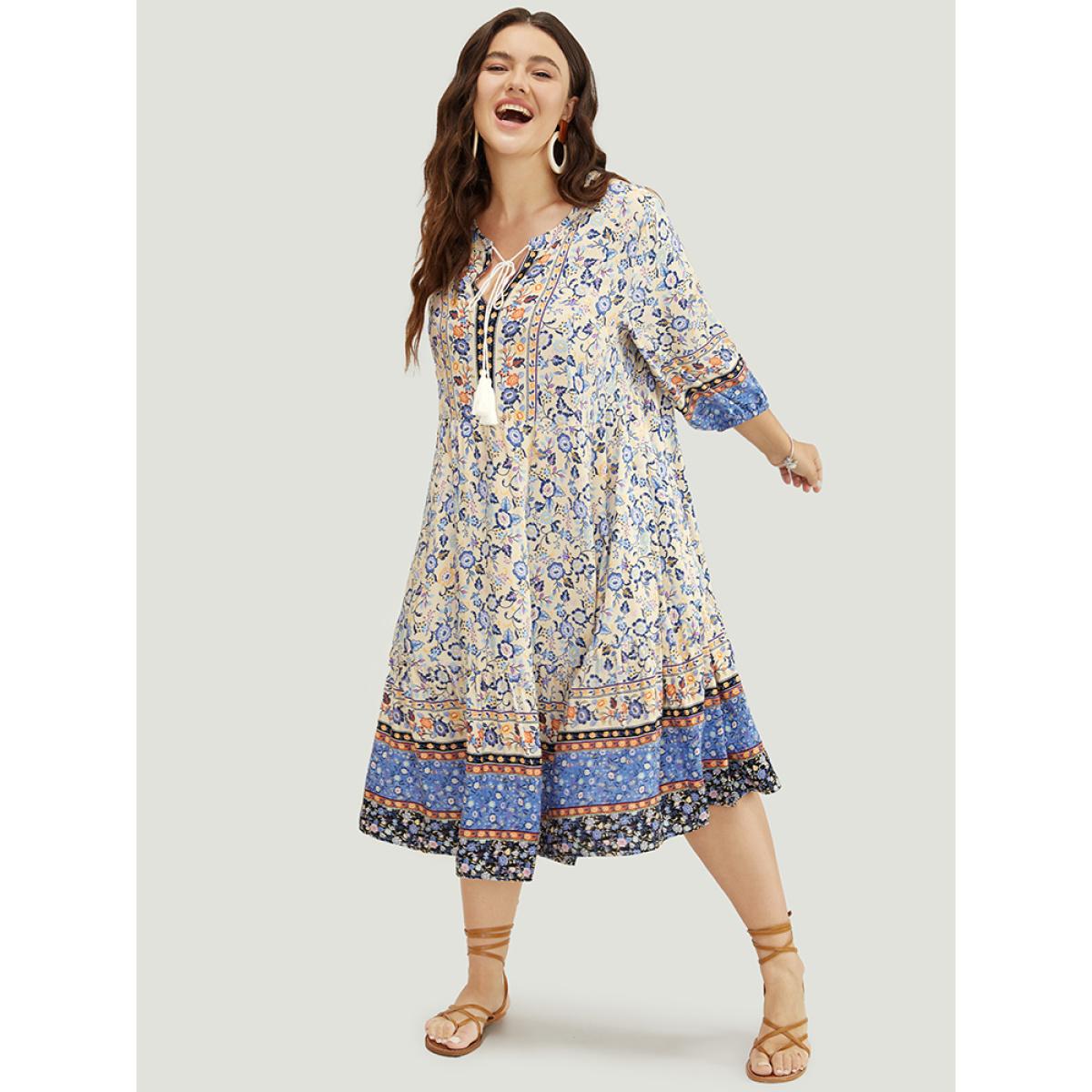 Plus Size Bandana Tassels Ties Neck Pocket Ruffle Hem Dress Apricot Women Vacation Tassels Tie Neck Elbow-length sleeve Curvy Midi Dress BloomChic 26/4X Product Image