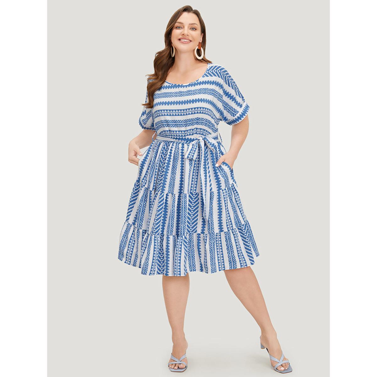 Plus Size Striped Geo Pocket Belt Pocket Layered Hem Dress LightBlue Women Vacation Tiered Round Neck Short sleeve Curvy Knee Dress BloomChic 26/4X Product Image