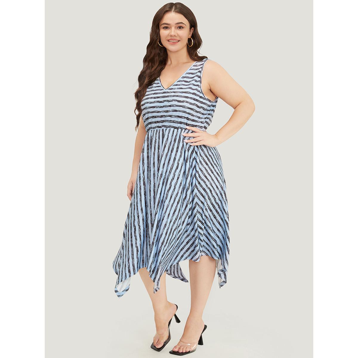 Plus Size Striped Print Hanky Hem Pocket V Neck Tank Dress Stone Women Elegant Gathered V-neck Sleeveless Curvy Midi Dress BloomChic 22-24/3X Product Image