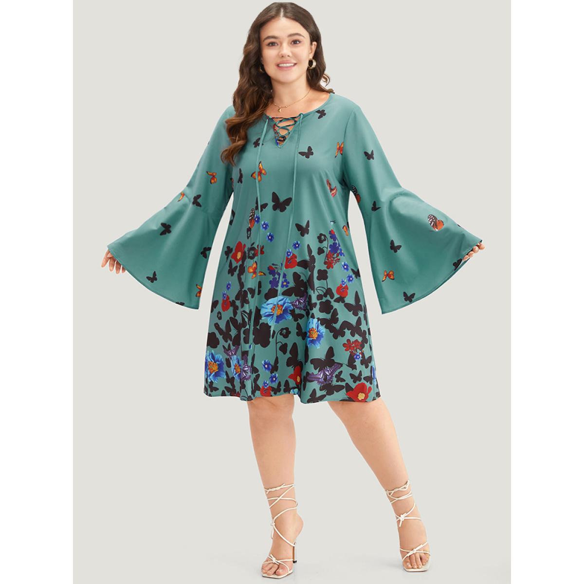 Plus Size Butterfly & Floral Print Knot Neck Bell Sleeve Dress Turquoise Women Elegant Cross straps Tie Neck Long Sleeve Curvy Knee Dress BloomChic 12/L Product Image