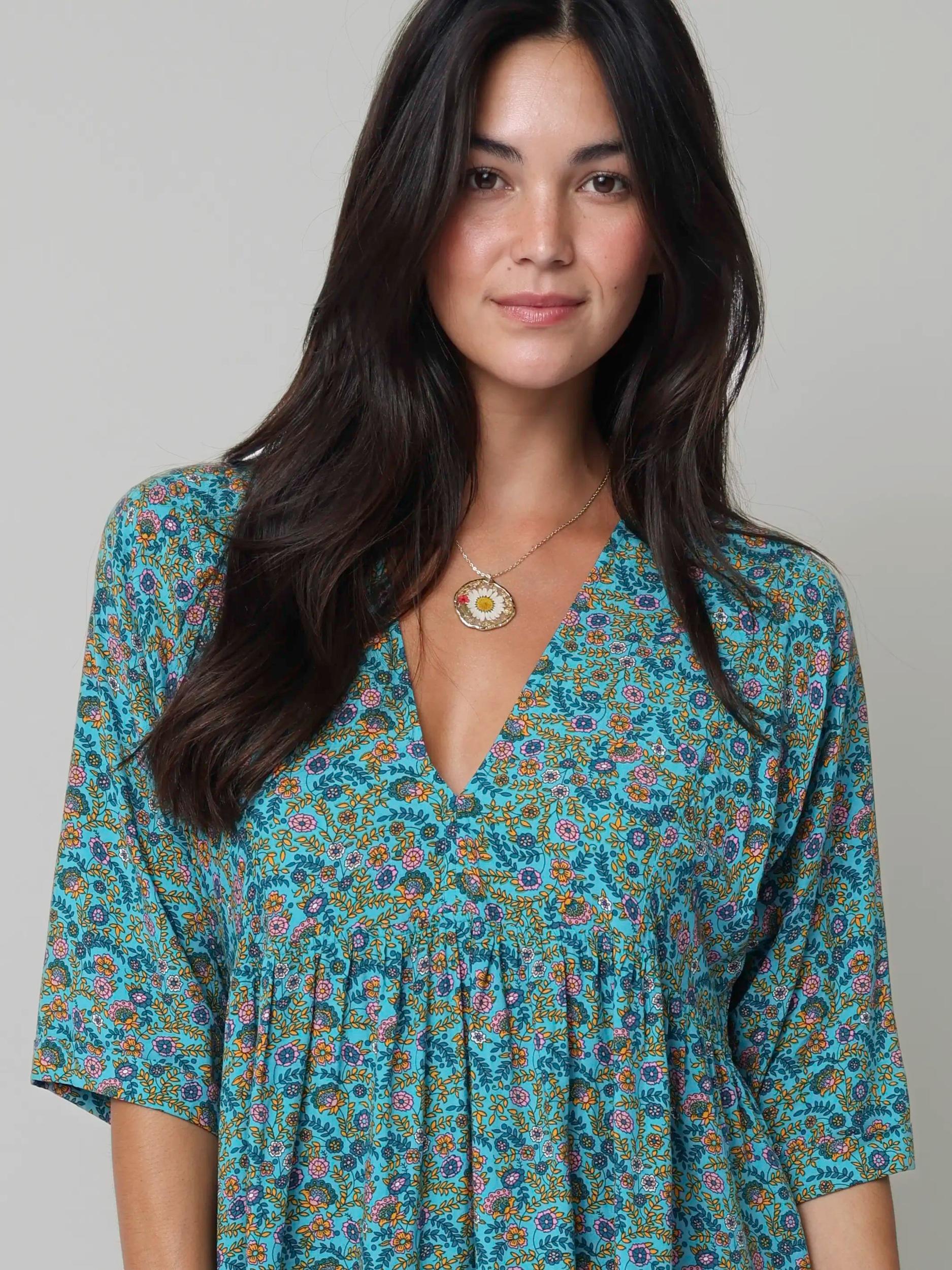 Stella V-Neck Mini Dress - Turquoise Ditsy Vines Product Image