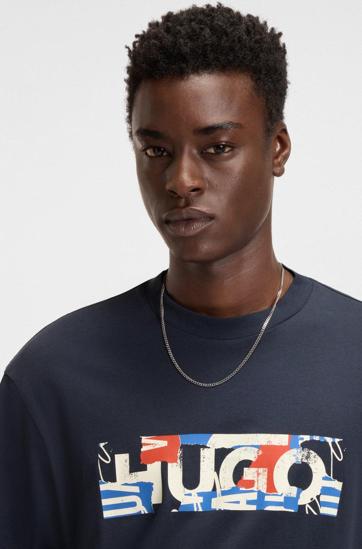 HUGO - Stretch-cotton T-shirt with graphic logo print - Dark Blue Product Image