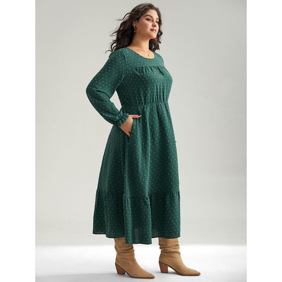 Plus Size Plisse Polka Dot Pocket Layered Hem Dress DarkGreen Women Elegant Texture Round Neck Long Sleeve Curvy Midi Dress BloomChic 12/L Product Image