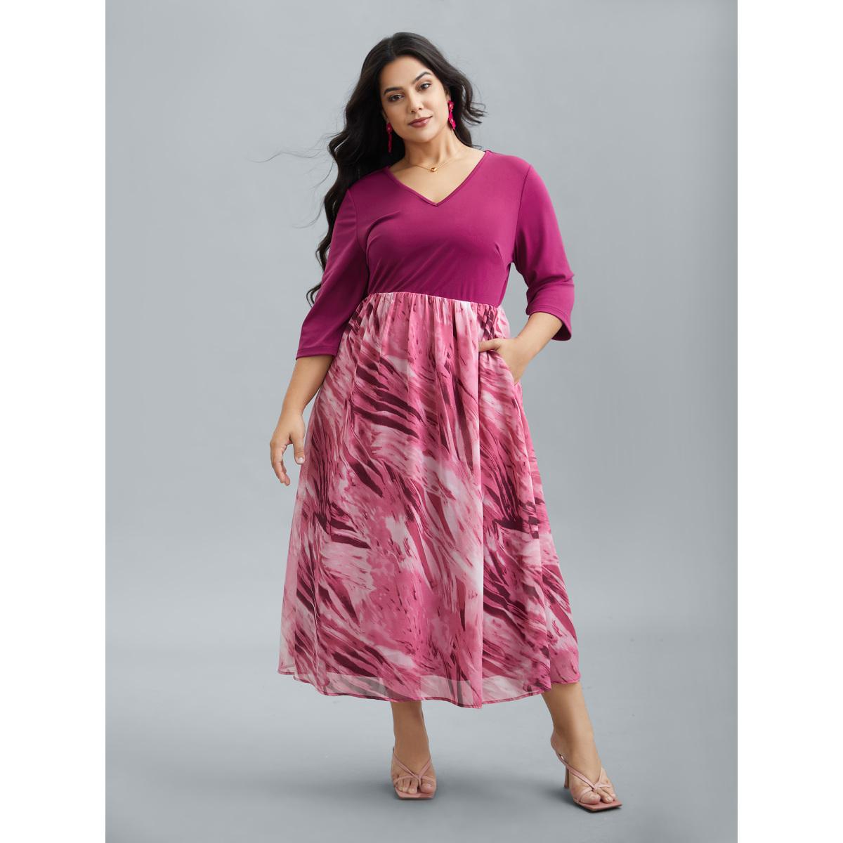 Plus Size Abstract Print Spliced V-Neck Midi Dress Rosered Women Elegant Patchwork V-neck Elbow-length sleeve Curvy BloomChic 26/4X Product Image