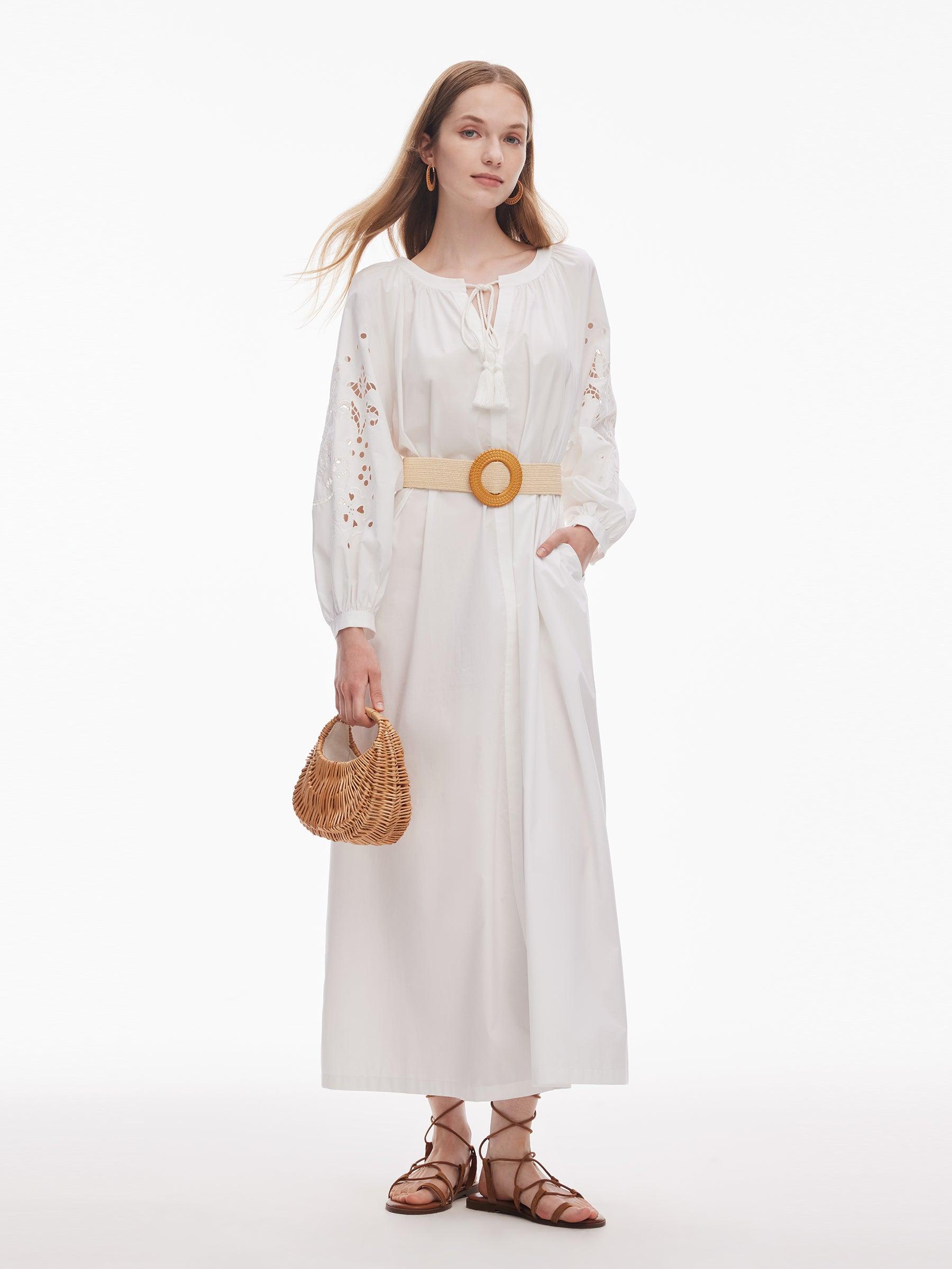 100% Cotton Embroidered Women Long Sleeve Maxi Dress Product Image