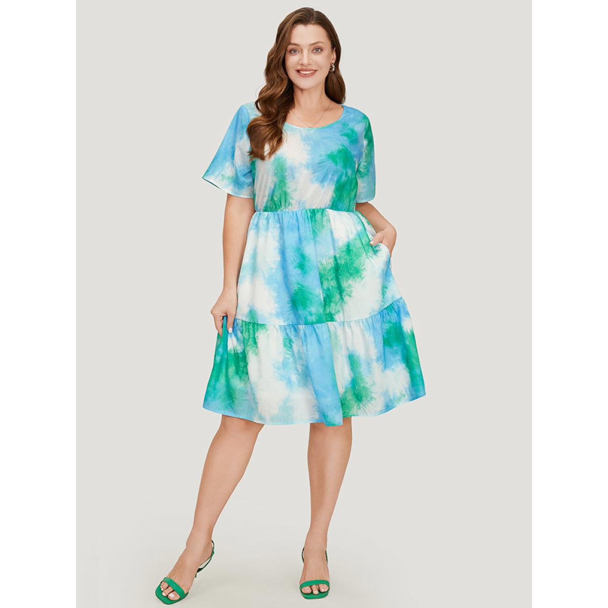 Plus Size Tie Dye Crew Neck Pocket Ruffle Tiered Dress Multicolor Women Vacation Tiered Round Neck Short sleeve Curvy Knee Dress BloomChic 14-16/1X Product Image