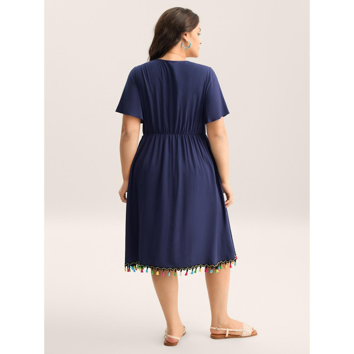 Plus Size Rayon Colorful Tassels Stretchy Waist Midi Dress Navy Women V-neck Short sleeve Curvy BloomChic 14-16/1X Product Image