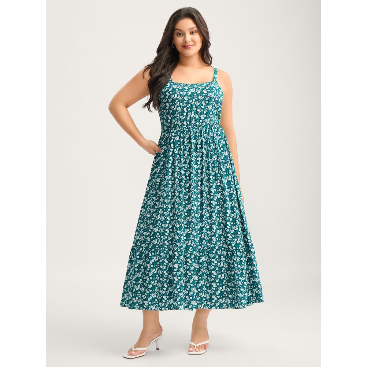 Plus Size Rayon Ditsy Floral Print Pockets Midi Dress Teal Women Square Neck Sleeveless Curvy BloomChic 22-24/3X Product Image