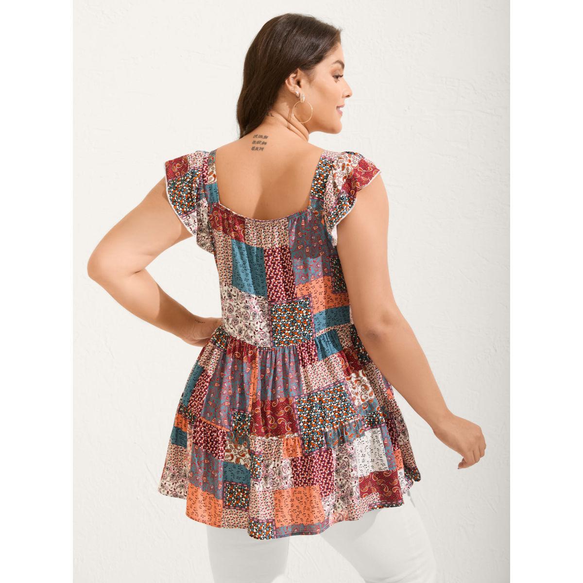 Plus Size Floral Collage Print Layered Tank Top Women Aegean Boho Gathered Square Neck Vacation Tank Tops Camis BloomChic 26/4X Product Image