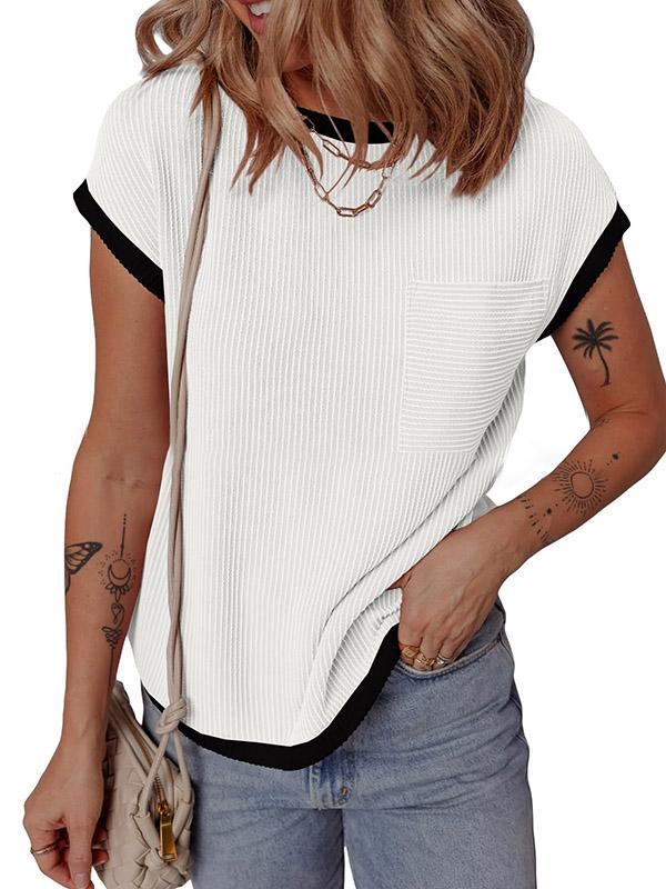Loose Short Sleeves Colorful Contrast Color Pockets Round-neck T-Shirts Tops Product Image