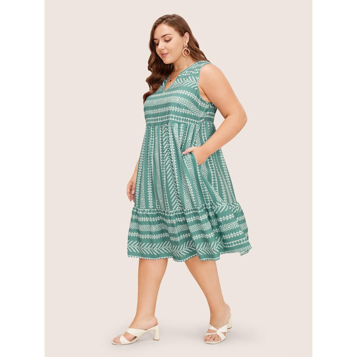 Plus Size Striped Geometric Pocket Ruffle Hem Sleeveless Tank Dress Green Women Casual Non V-neck Sleeveless Curvy BloomChic 26/4X Product Image
