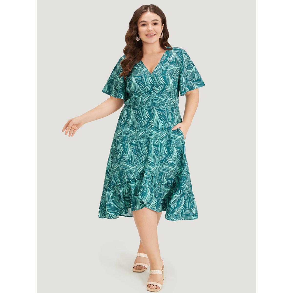 Plus Size Plant Print Ruffles Pocket Asymmetrical Hem Wrap Dress Green Women Vacation Wrap V-neck Short sleeve Curvy Midi Dress BloomChic 28/5X Product Image