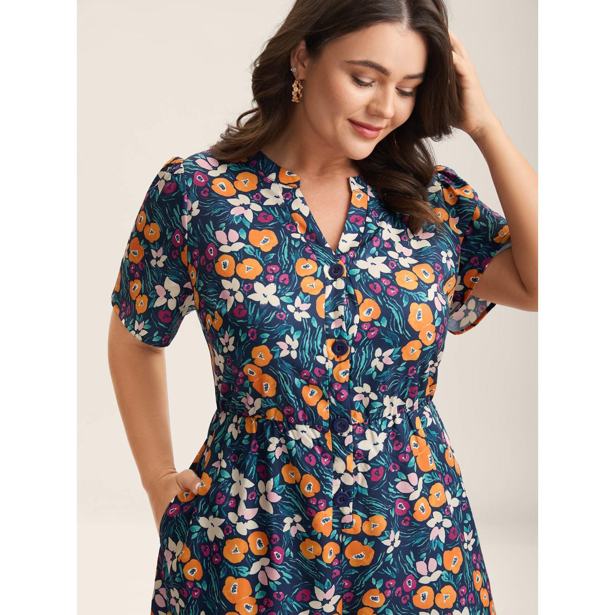 Plus Size DarkBlue Abstract Floral Print Button Jumpsuit Women Short sleeve Notched collar Everyday-Elegant Loose Jumpsuits BloomChic 14-16/1X Product Image