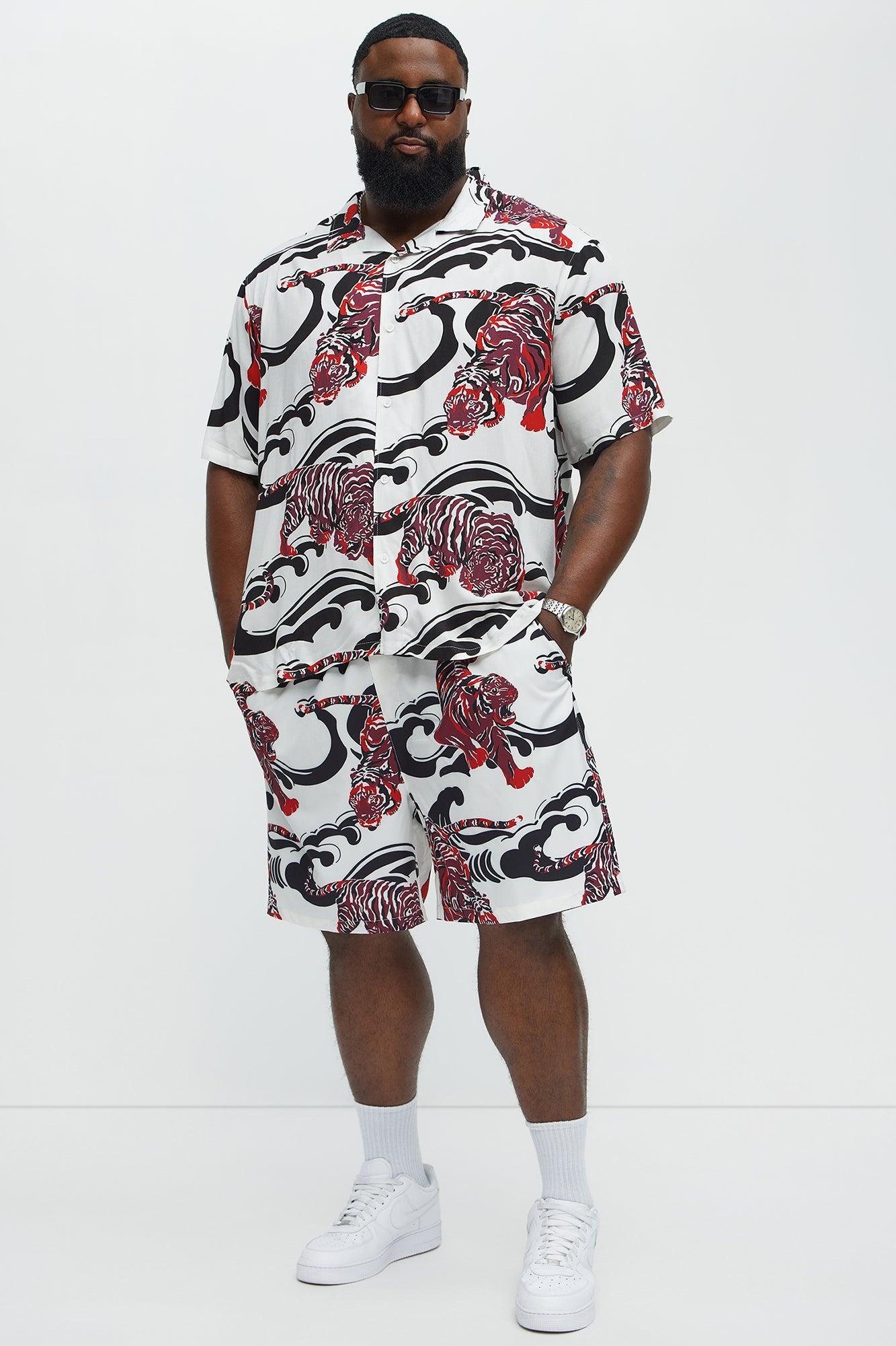 Tiger Waves Cuban Collar Button Up Shirt - White/combo Male Product Image