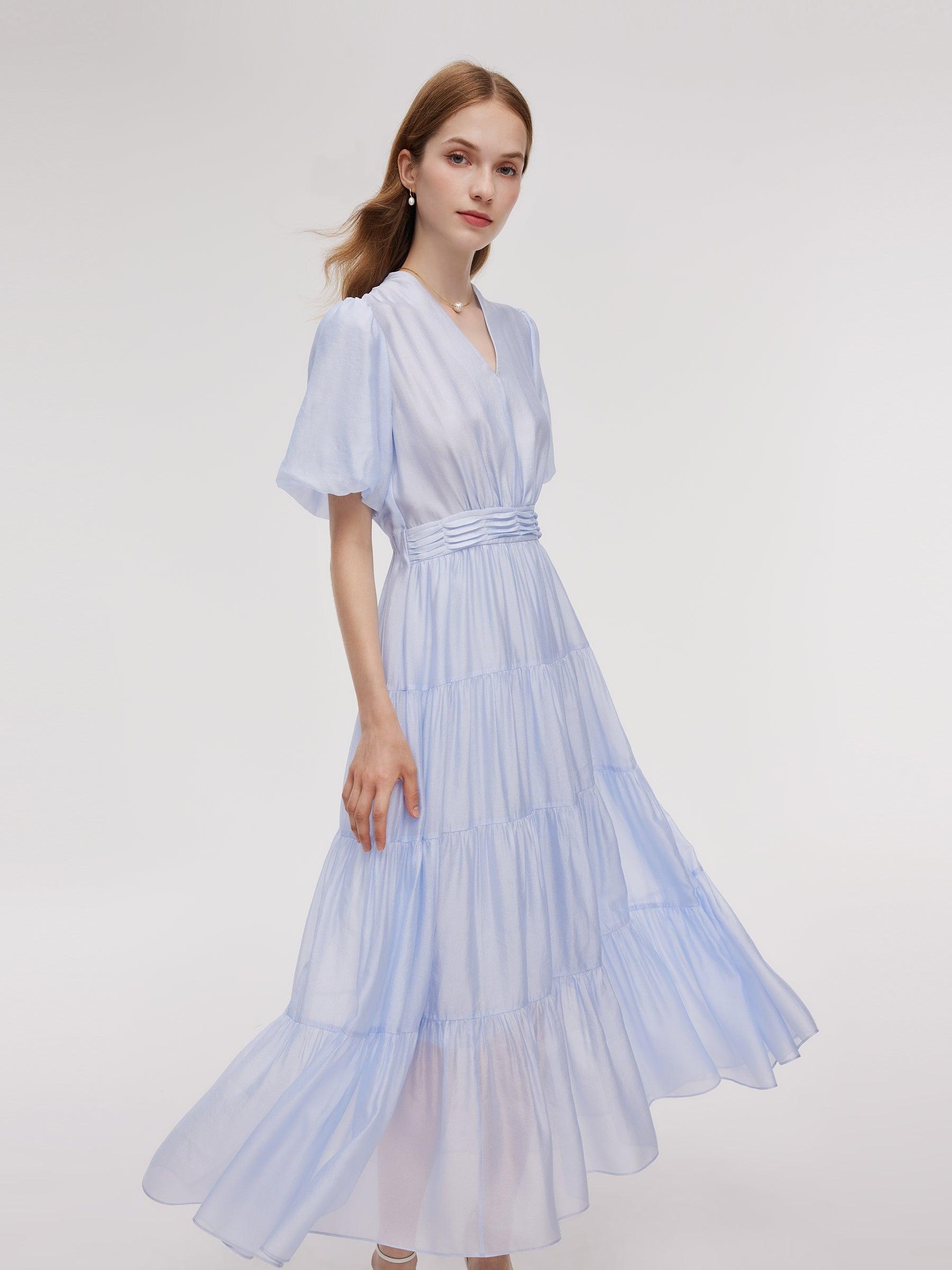 A-Line V-Neck Women Pleated Tiered Maxi Dress Product Image