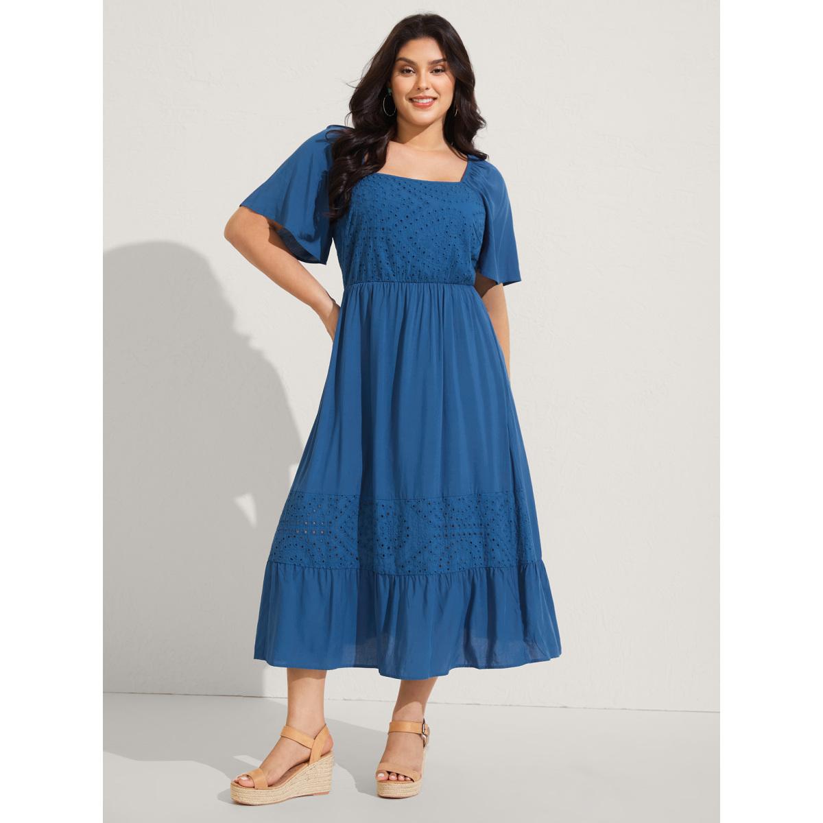 Plus Size Rayon Lace Pleated Tiered Midi Dress Mediumblue Women Boho Square Neck Short sleeve Curvy BloomChic 18-20/2X Product Image