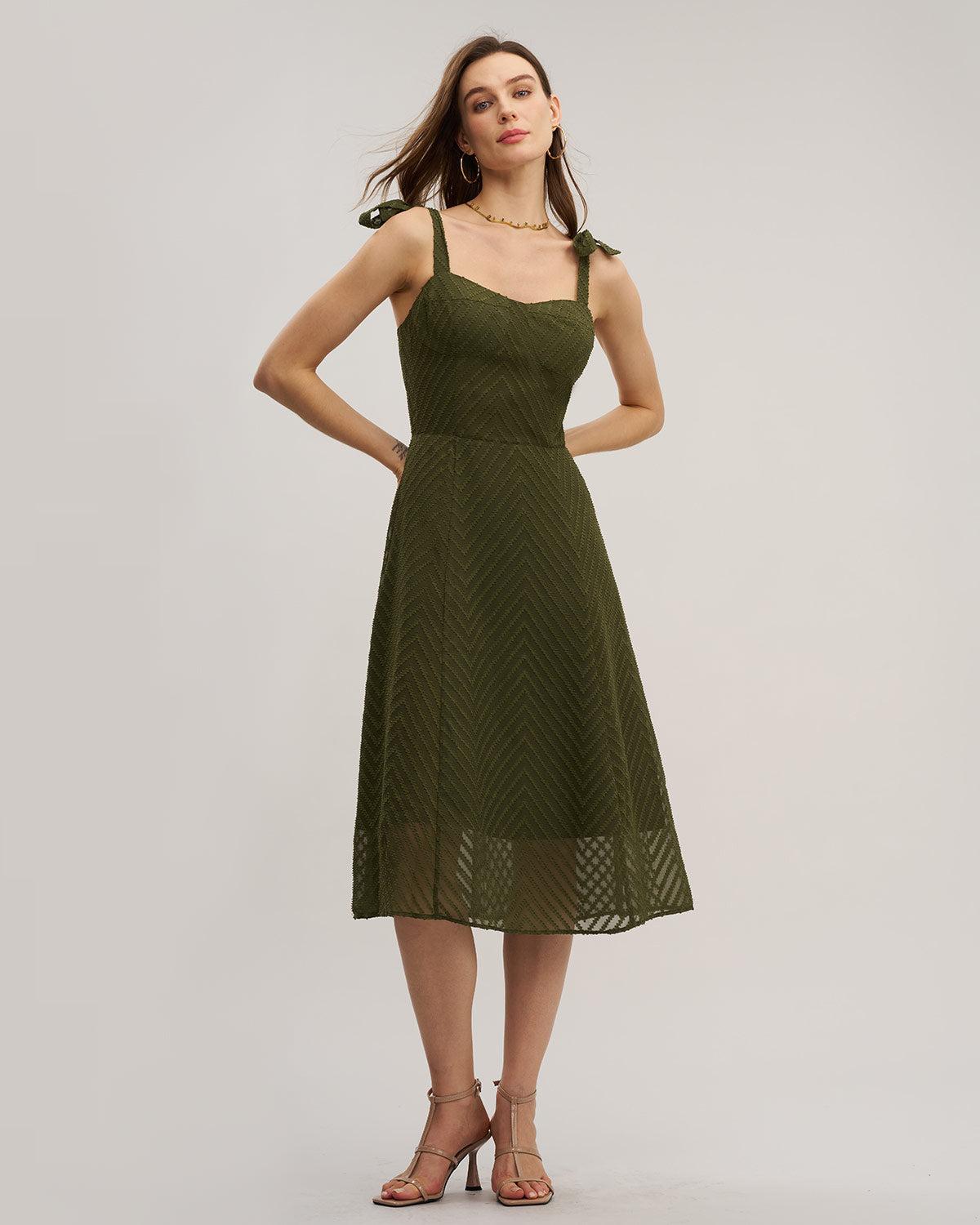 Green Sweetheart Neck Tie Strap Midi Dress Product Image