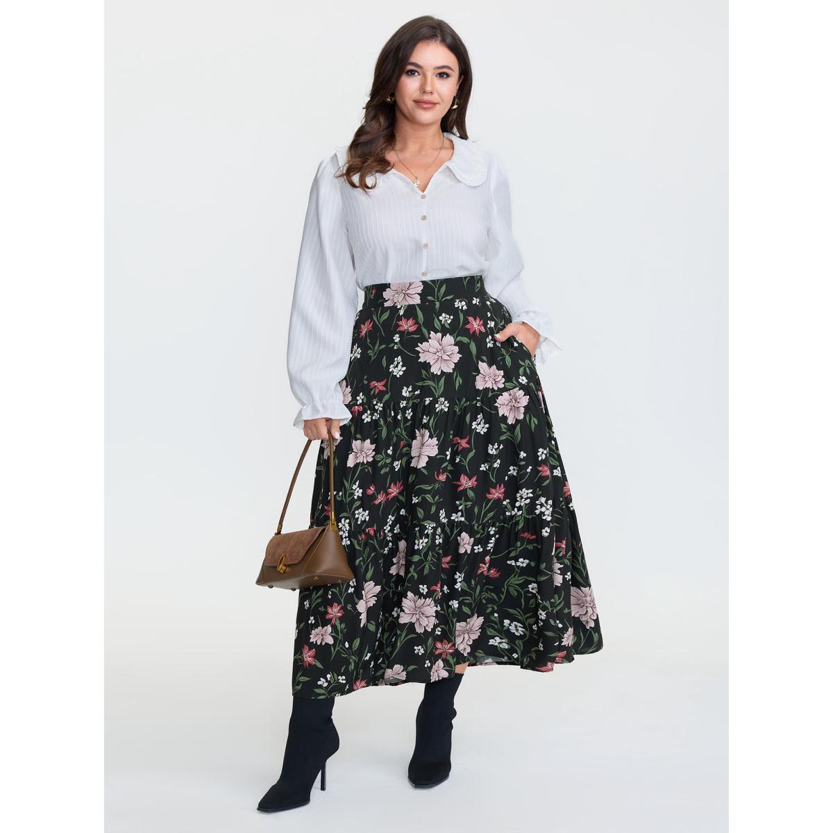 Plus Size Floral Print Stretchy Waistband Maxi Skirt Women Black Romantic No stretch Side seam pocket Elegant Skirts BloomChic 12/L Product Image