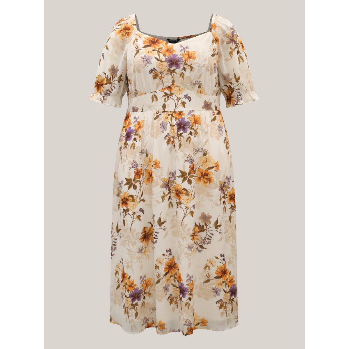 Plus Size Chiffon Floral Waist-Cinched Maxi Dress Beige Women Romantic Gathered Heart neckline Half Sleeve Curvy BloomChic 10/M Product Image