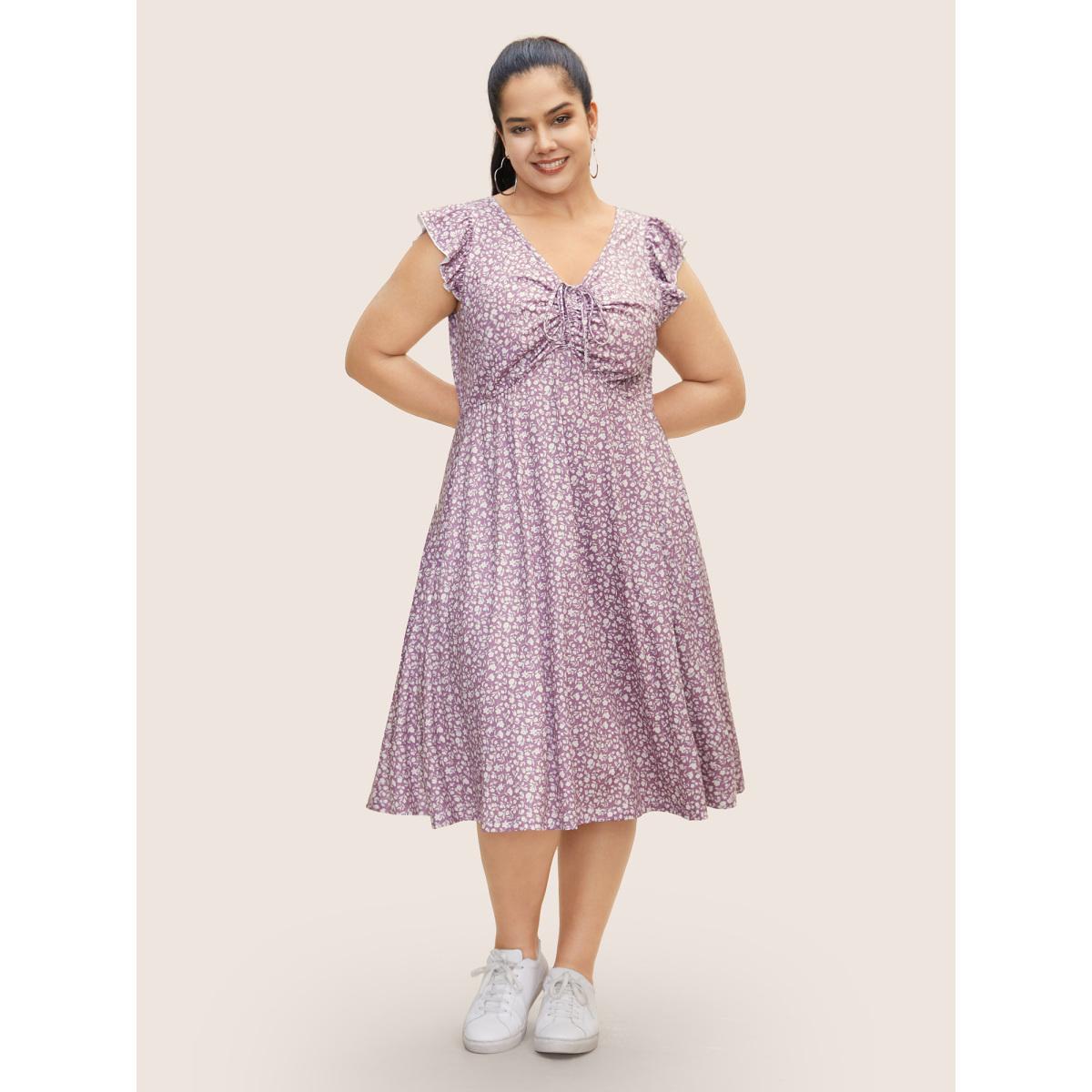 Plus Size Ditsy Floral Drawstring Ruffle Cap Sleeve Dress Mauve Women Casual Drawstring V-neck Cap Sleeve Curvy BloomChic 14-16/1X Product Image