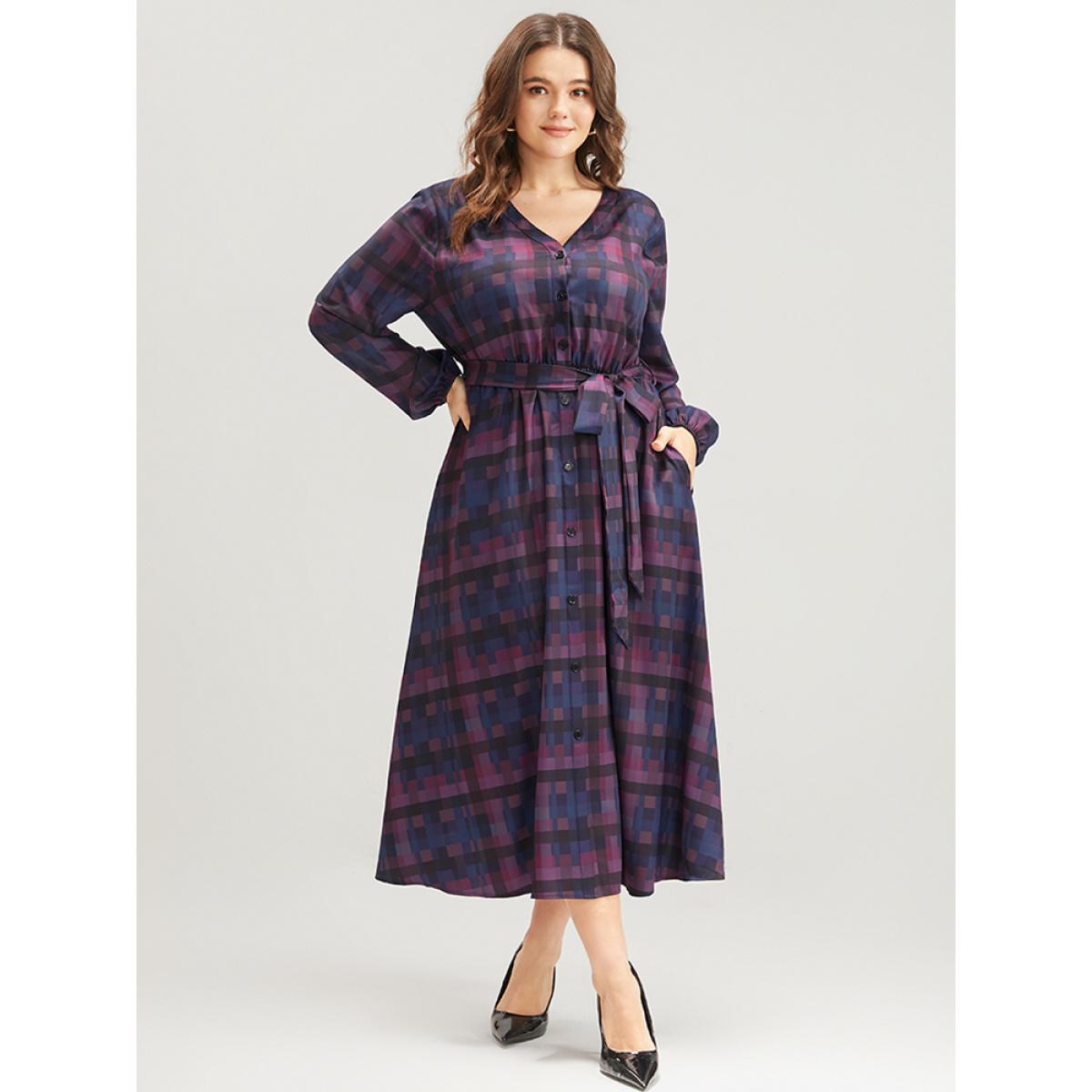 Plus Size Plaid Contrast Button Up Pocket Lantern Sleeve Belted Dress Multicolor Women Elegant Button V-neck Long Sleeve Curvy Midi Dress BloomChic 22-24/3X Product Image