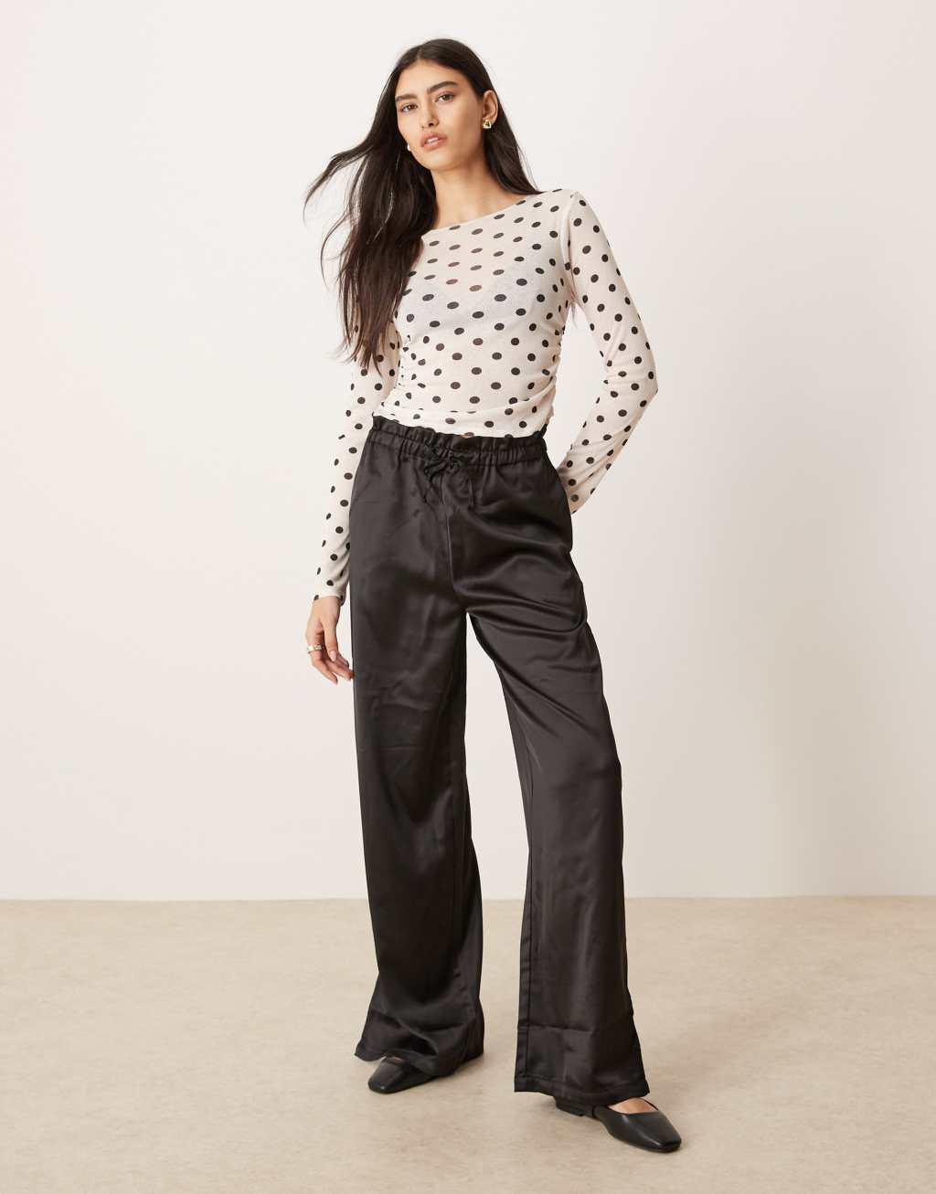 ASOS DESIGN fitted polka dot mesh long sleeve top in cream Product Image