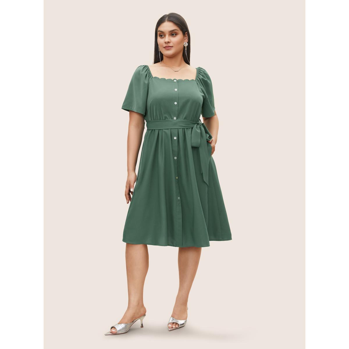 Plus Size Anti-Wrinkle Square Neck Scalloped Trim Ruffle Sleeve Dress Cyan Women At the Office Belted Square Neck Short sleeve Curvy Midi Dress BloomChic 14-16/1X Product Image