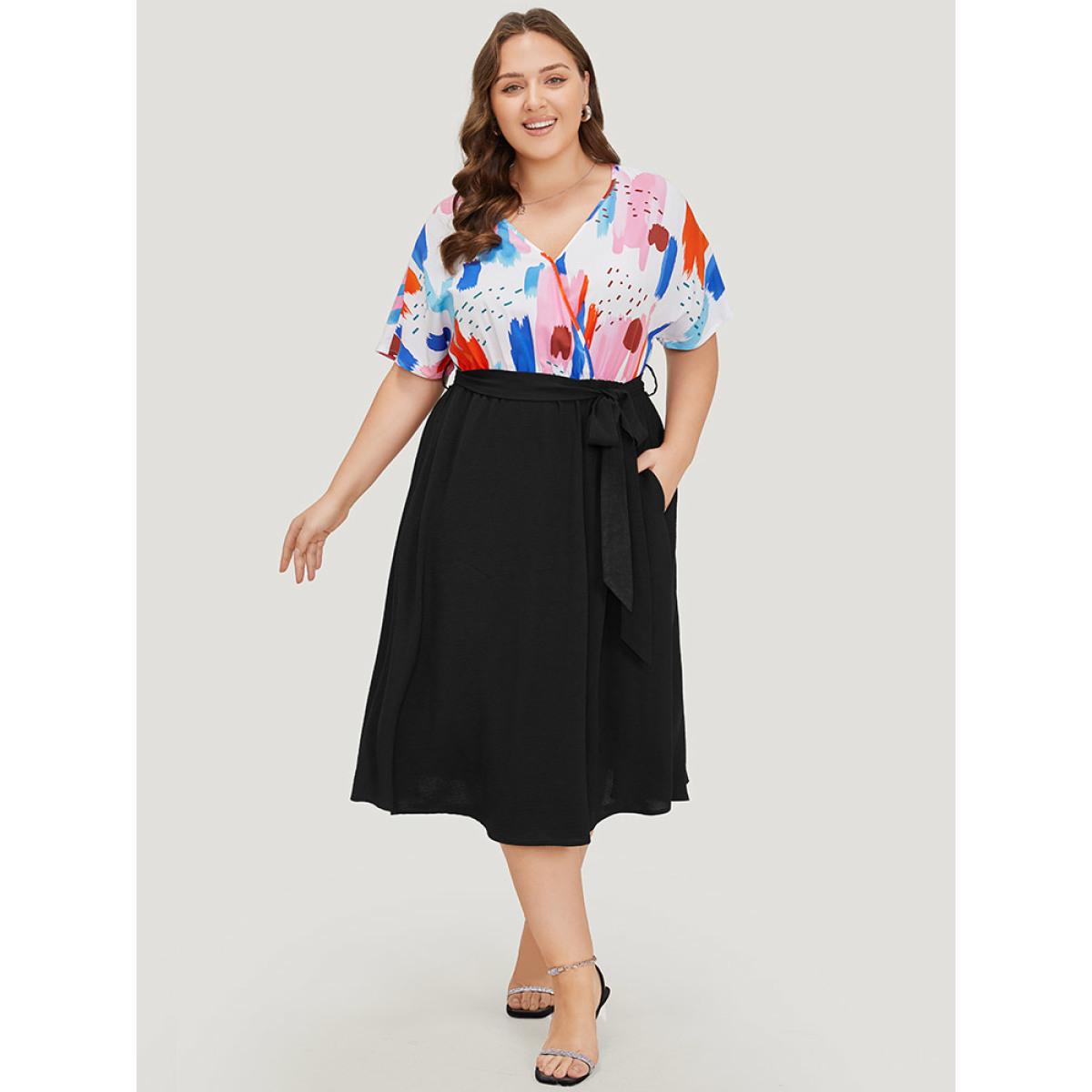 Plus Size Brush Print Surplice Neck Belted Patchwork Flutter Dress Black Women Office Wrap V-neck Short sleeve Curvy Midi Dress BloomChic 28/5X Product Image