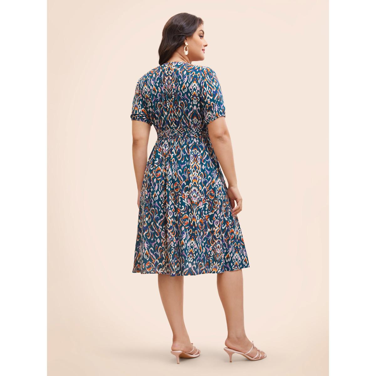 Plus Size Bandana Print V Neck Shirred Gathered Dress Aegean Women Elegant Gathered V-neck Short sleeve Curvy BloomChic 22-24/3X Product Image