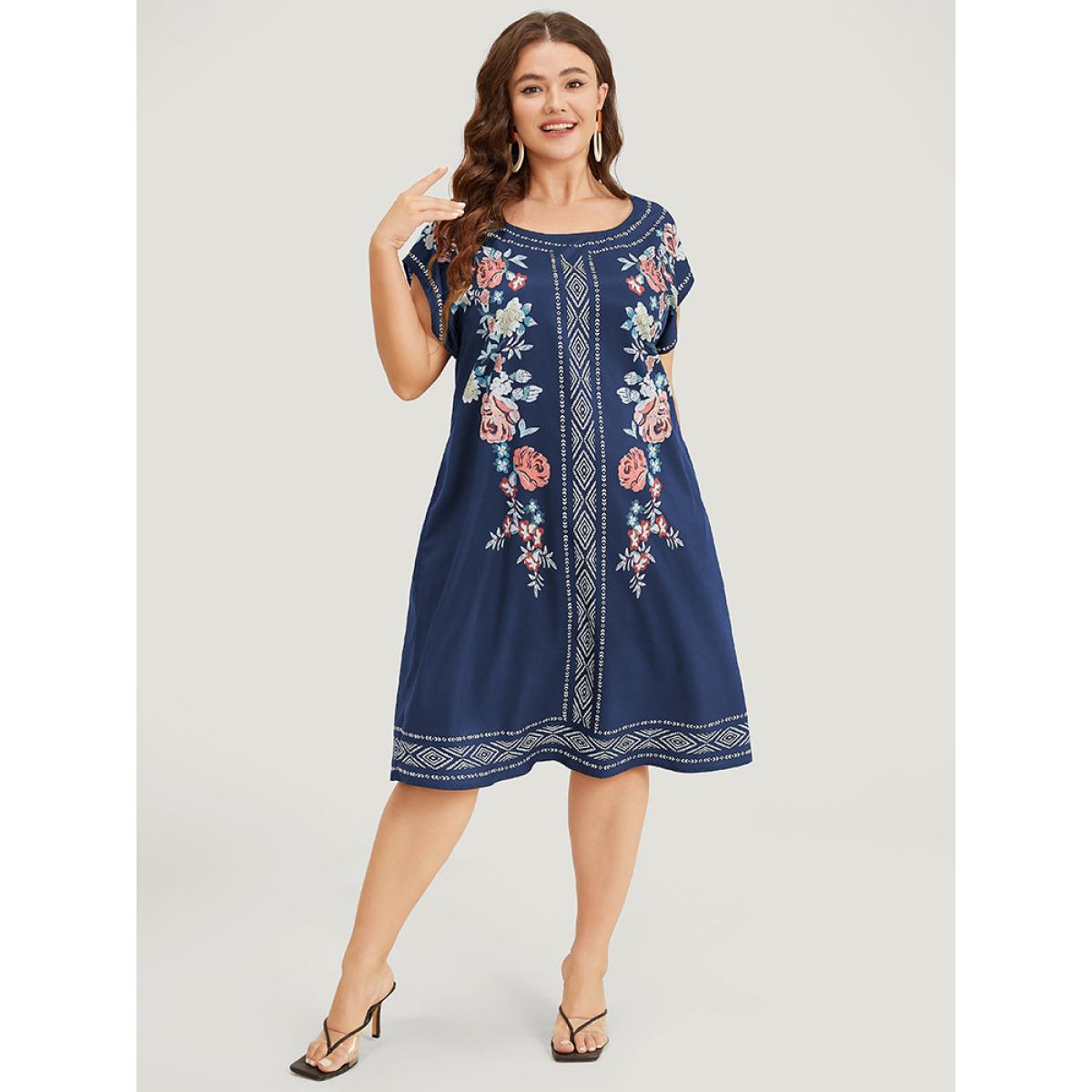 Plus Size Bandana Pocket Round Neck Batwing Sleeve Dress DarkBlue Women Vacation Printed Round Neck Cap Sleeve Curvy Knee Dress BloomChic 28/5X Product Image