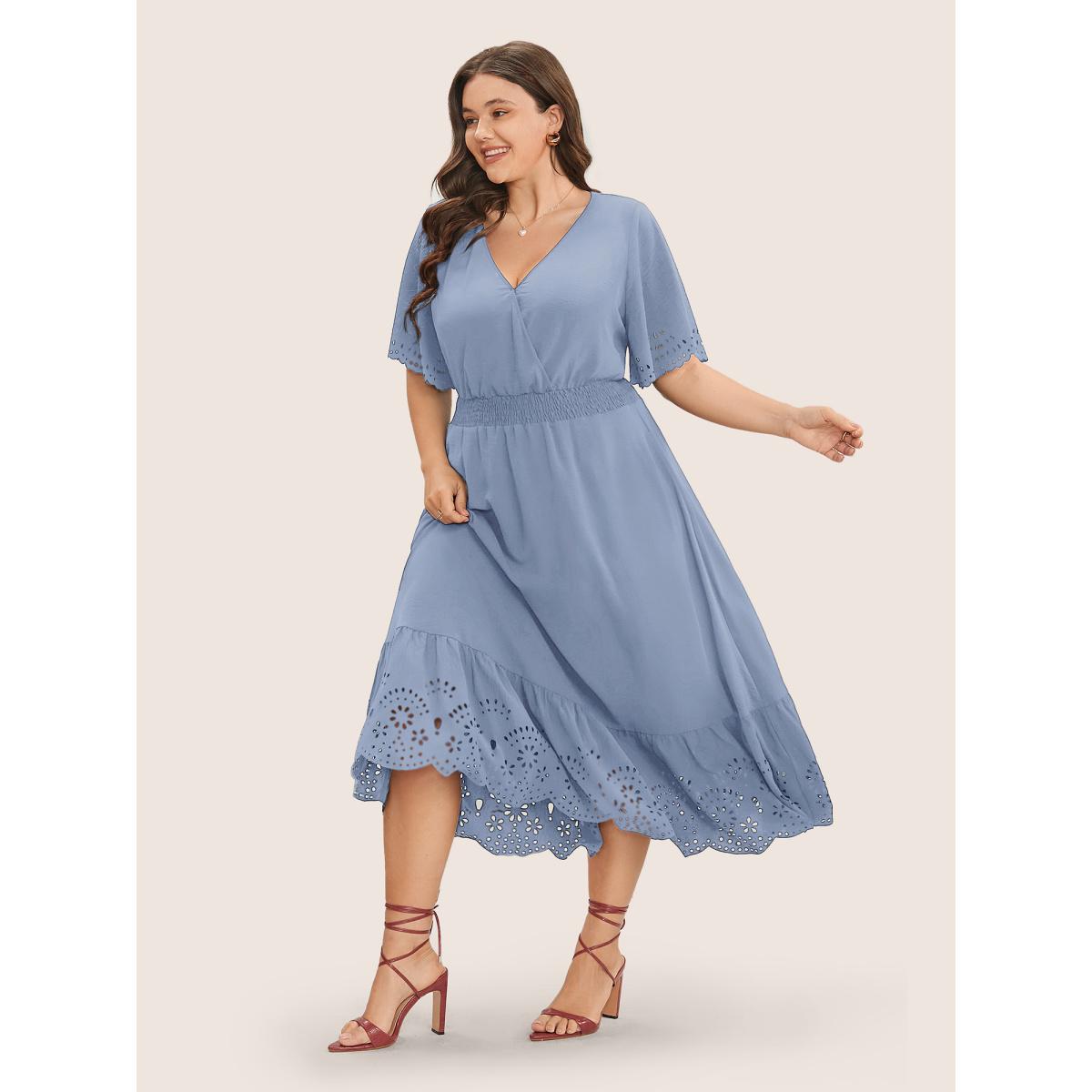 Plus Size Solid Laser Cut Shirred Pocket Wrap Scalloped Trim Flutter Dress LightBlue Women Elegant Non V-neck Short sleeve Curvy Midi Dress BloomChic 28/5X Product Image