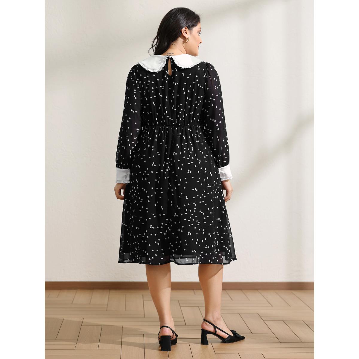 Plus Size Polka Dots Doll Collar Contrast Midi Dress Black Women Timeless Contrast Peter Pan collar Long Sleeve Curvy BloomChic 26/4X Product Image
