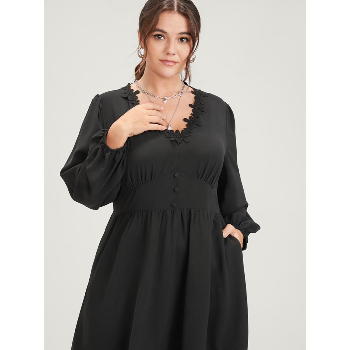 Plus Size Solid Lace Patch Lantern Sleeve Pocket Button Ruffle Hem Dress Black Women Elegant Patchwork V-neck Long Sleeve Curvy Midi Dress BloomChic 12/L Product Image