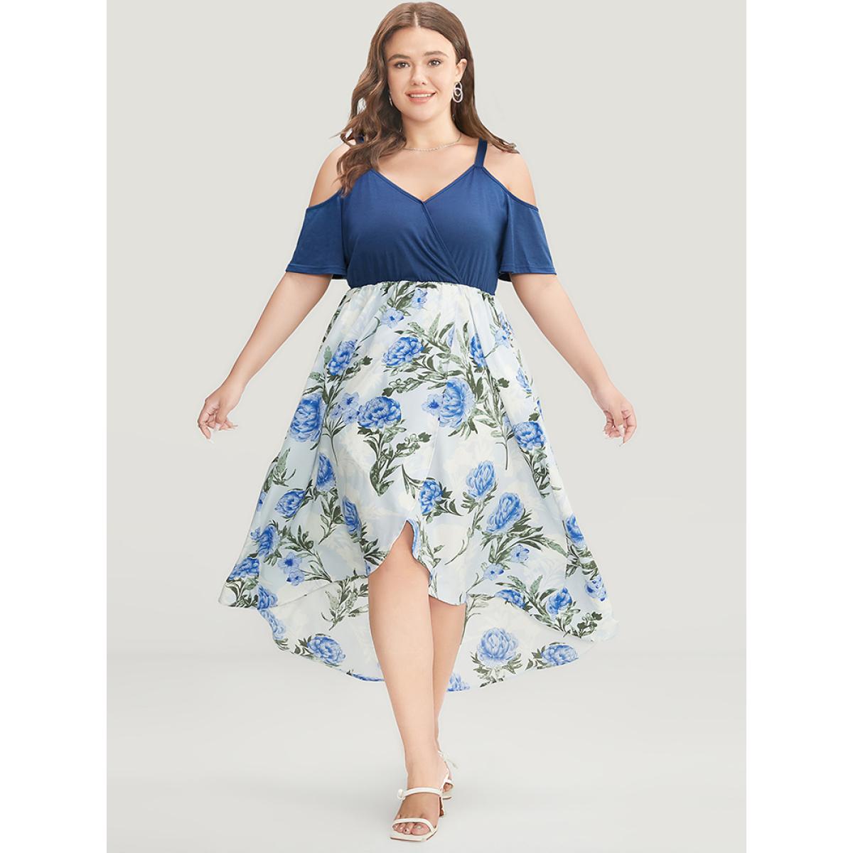 Plus Size Floral Patchwork Cold Shoulder Pocket Asymmetrical Hem Dress Indigo Women Elegant Adjustable Straps Cold Shoulder Short sleeve Curvy Midi Dress BloomChic 10/M Product Image