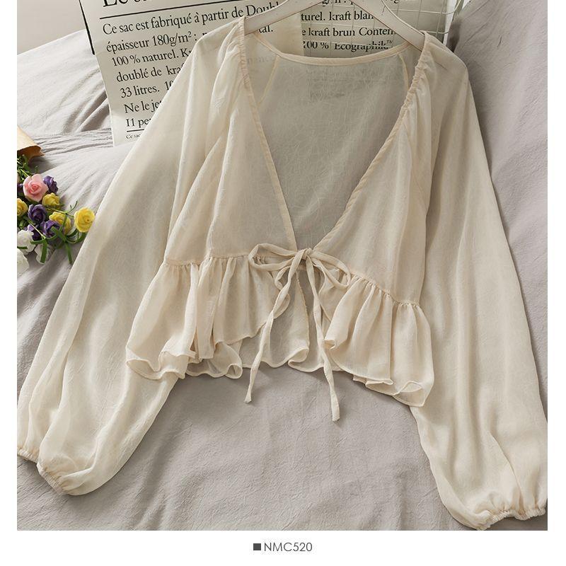 Tie-Waist Balloon-Sleeve Chiffon Cardigan Product Image