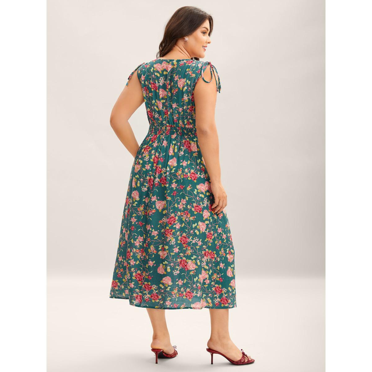 Plus Size Floral Print Shoulder Tie Pockets Midi Dress Cerulean Women Timeless Overlap Collar Sleeveless Curvy BloomChic 12/L Product Image