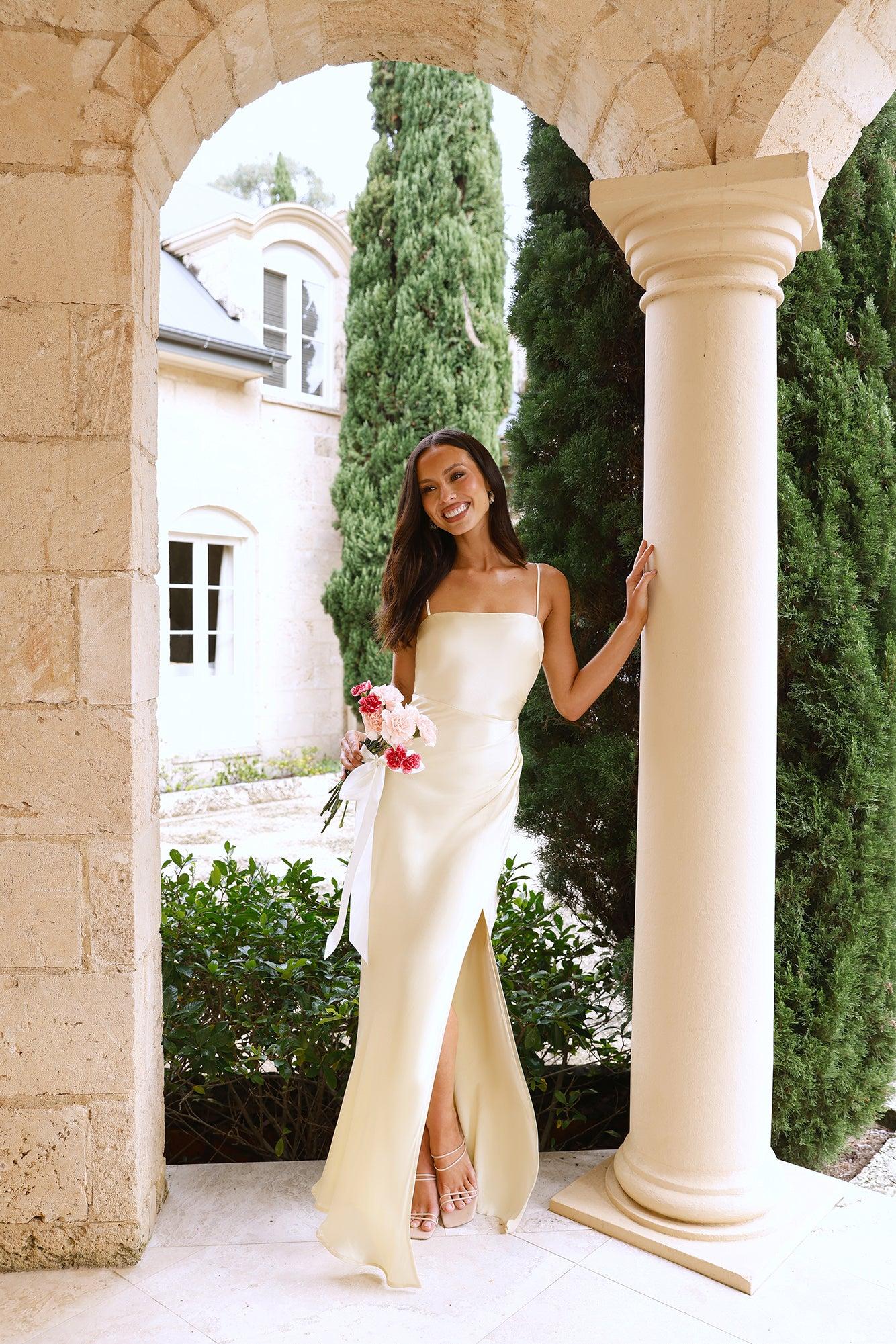 The Violetta Satin Maxi Dress Yellow Product Image