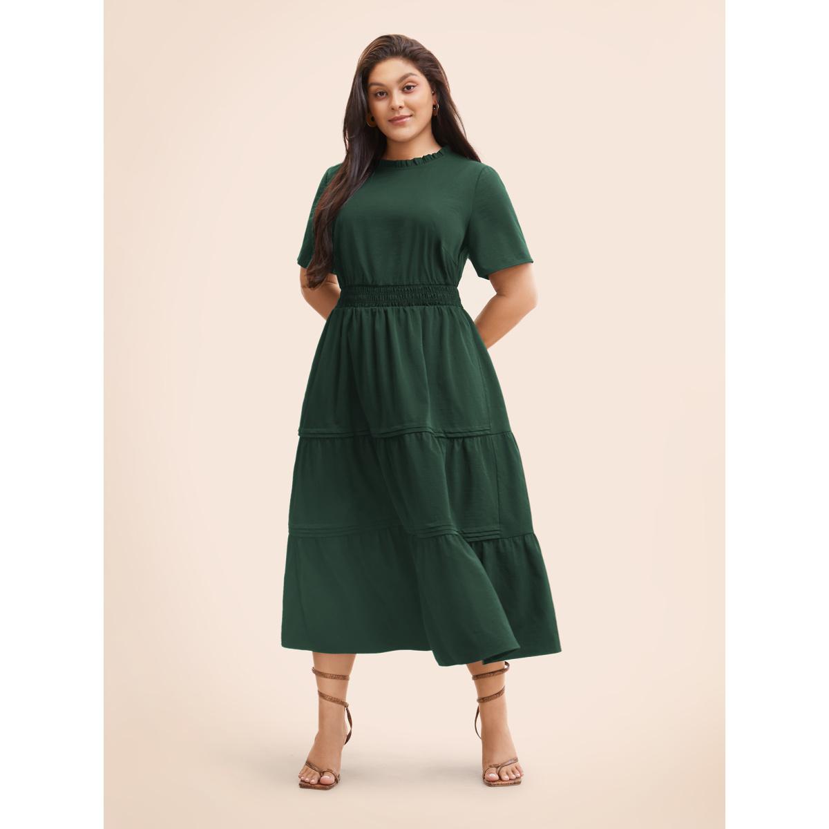 Plus Size Plain Frill Trim Ruffle Layered Hem Dress Cyan Women Resort Tucked seam Mock Neck Short sleeve Curvy BloomChic 22-24/3X Product Image