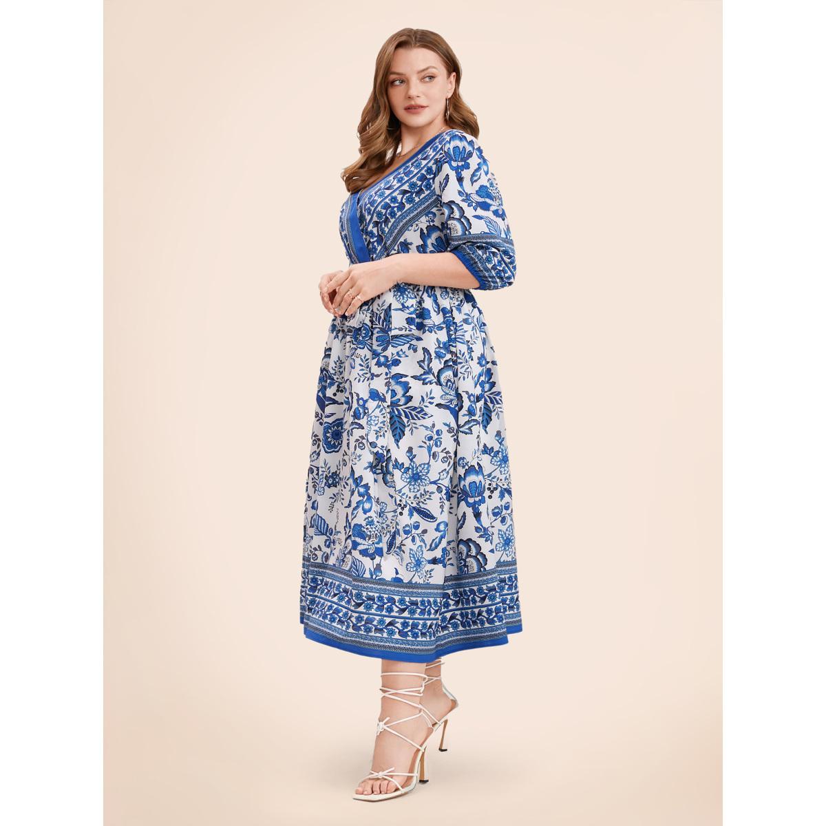 Plus Size Bandana Print Surplice Neck Lantern Sleeve Pocket Belted Midi Dress Blue Women Resort Non V-neck Half Sleeve Curvy Midi Dress BloomChic 30/6X Product Image