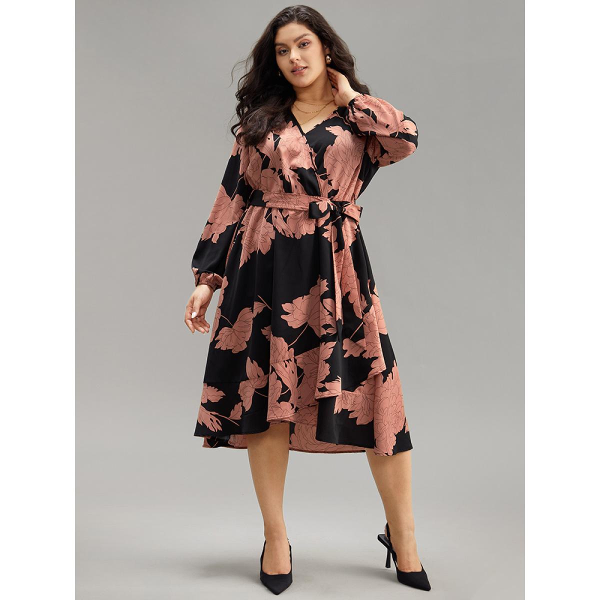 Plus Size Floral Print Belted Wrap Hem Midi Dress Black Women Elegant Elastic cuffs Overlap Collar Long Sleeve Curvy Midi Dress BloomChic 22-24/3X Product Image