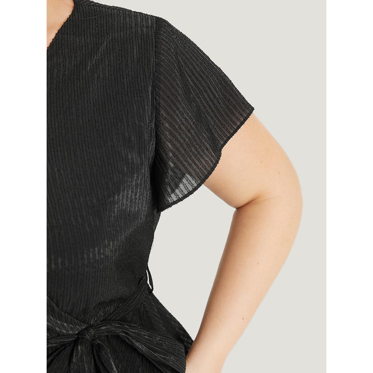 Plus Size Black Plain Plisse Surplice Neck Belted Flutter Blouse Women Elegant Short sleeve V-neck Dailywear Blouses BloomChic 30/6X Product Image